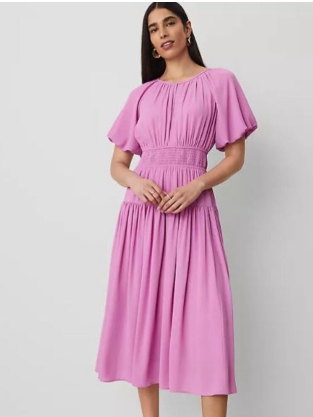 Ann Taylor NEW Split Neck Smock Waist Chiffon Midi Dress Pink 10